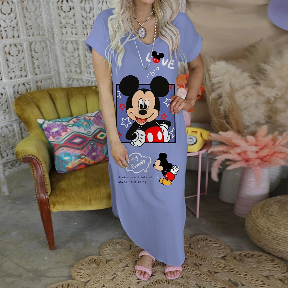 Maxi Dress Split Skirt Party Dresses for Women 2022 Disney Fashion Elegant Casual Women's Dresses Robe Mickey Minnie Mouse Print