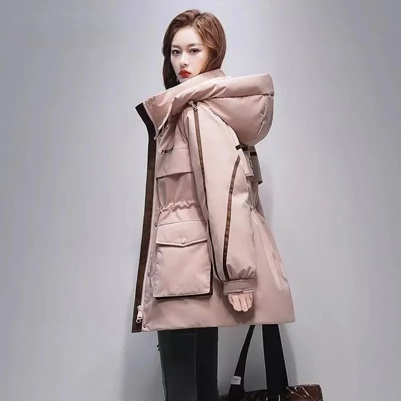 2024 New Fashion Cotton-padded Coat Women's Middle School Long Style School Overcomes The Tide Of Thickened Waist Warm Slim Coat