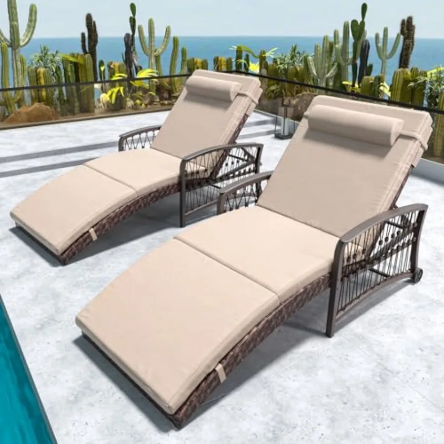 Outdoor Chaise Lounge Set of 2 Outdoor Wicker Rattan Patio Chairs Recliners with 5-Position Backrest and Thickened Cushions and
