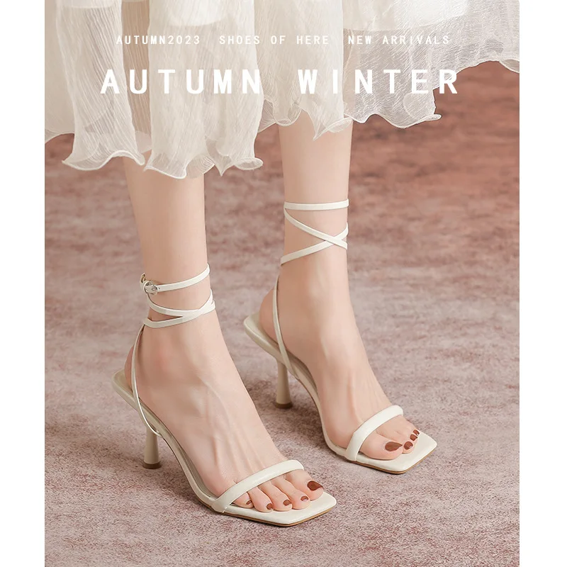 Pre-sale 2024 Summer New Square Head State with Temperament Open Toe Sexy High Heels with A Line with Sandals Women