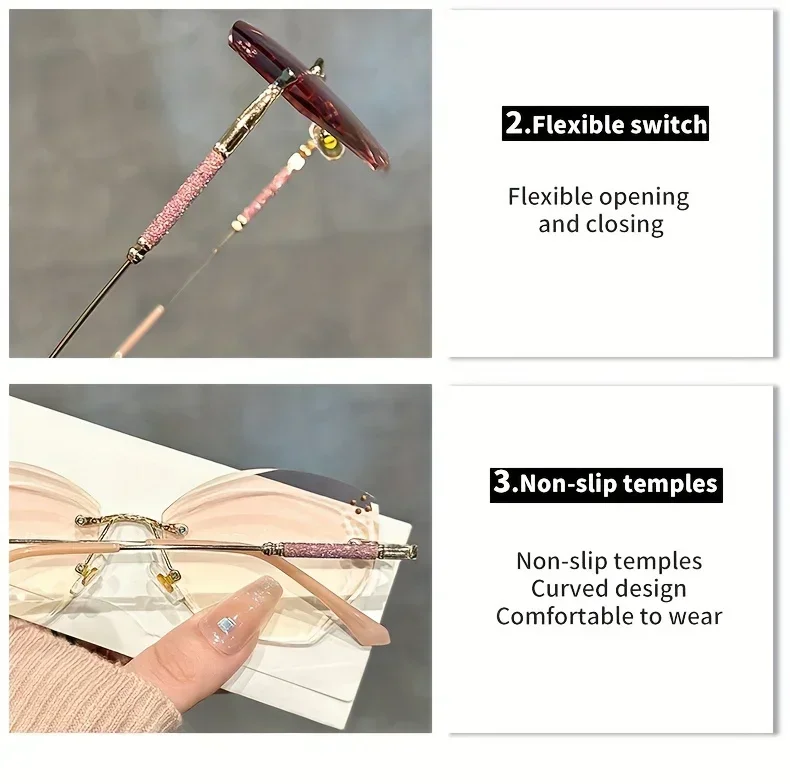 Unisex Luxus Diamant Lesebrille Männer Frauen Stilvolle Weit Sicht Brillen Trendy Randlose Hyperopie Brillen – Detail 9