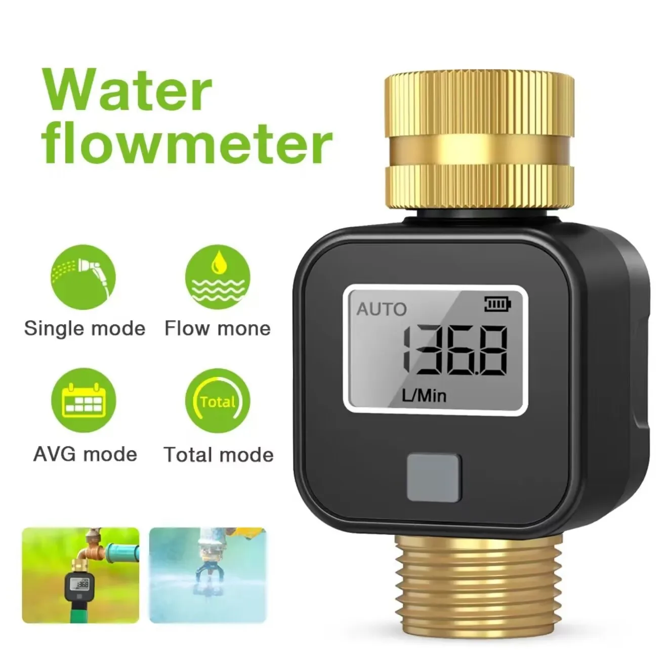 Brass water inlet, one-way water valve, flow meter for measuring water flow, LCD large-screen water volume meter sensor