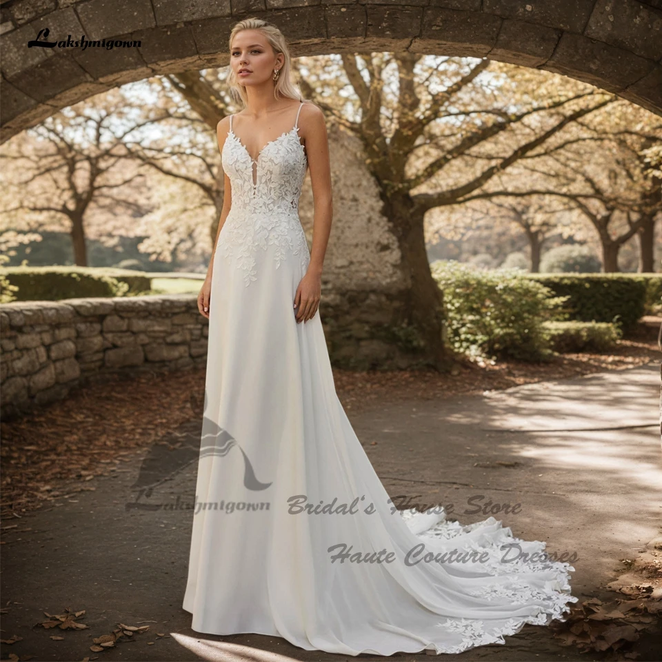 Lakshmigown Vintage Spitzen-Boho-Hochzeitskleider 2026 Sukienki Puffy Chiffon Strand-Brautkleider mit Spitzen-Spaghettiträgern nach Maß – Detail 4