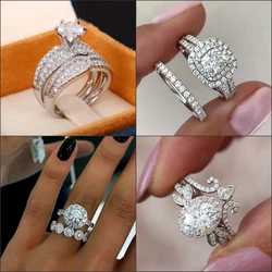 Bridal Set Rings 925 Silver with Sparkling Diamond Luxury Trendy Wedding Engagement 2Pcs Rings for Women Eternity Love Jewelry