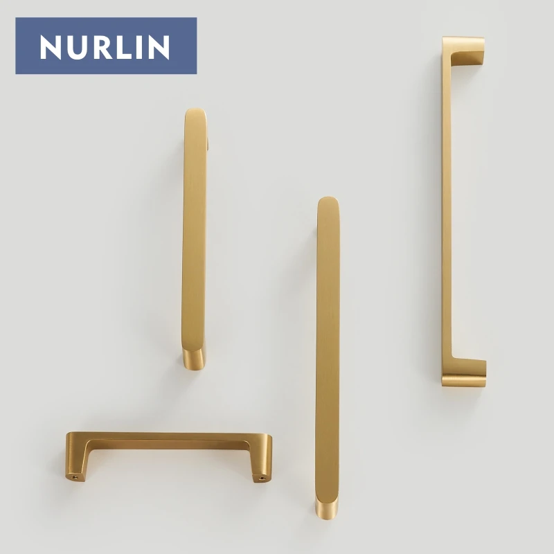 Nurlin Solid Brass Simple Style Handle  Cabinet Drawer Wardrobe Door Gold Pull Feel Comfortable 96/128/160/192 Hole Spacing