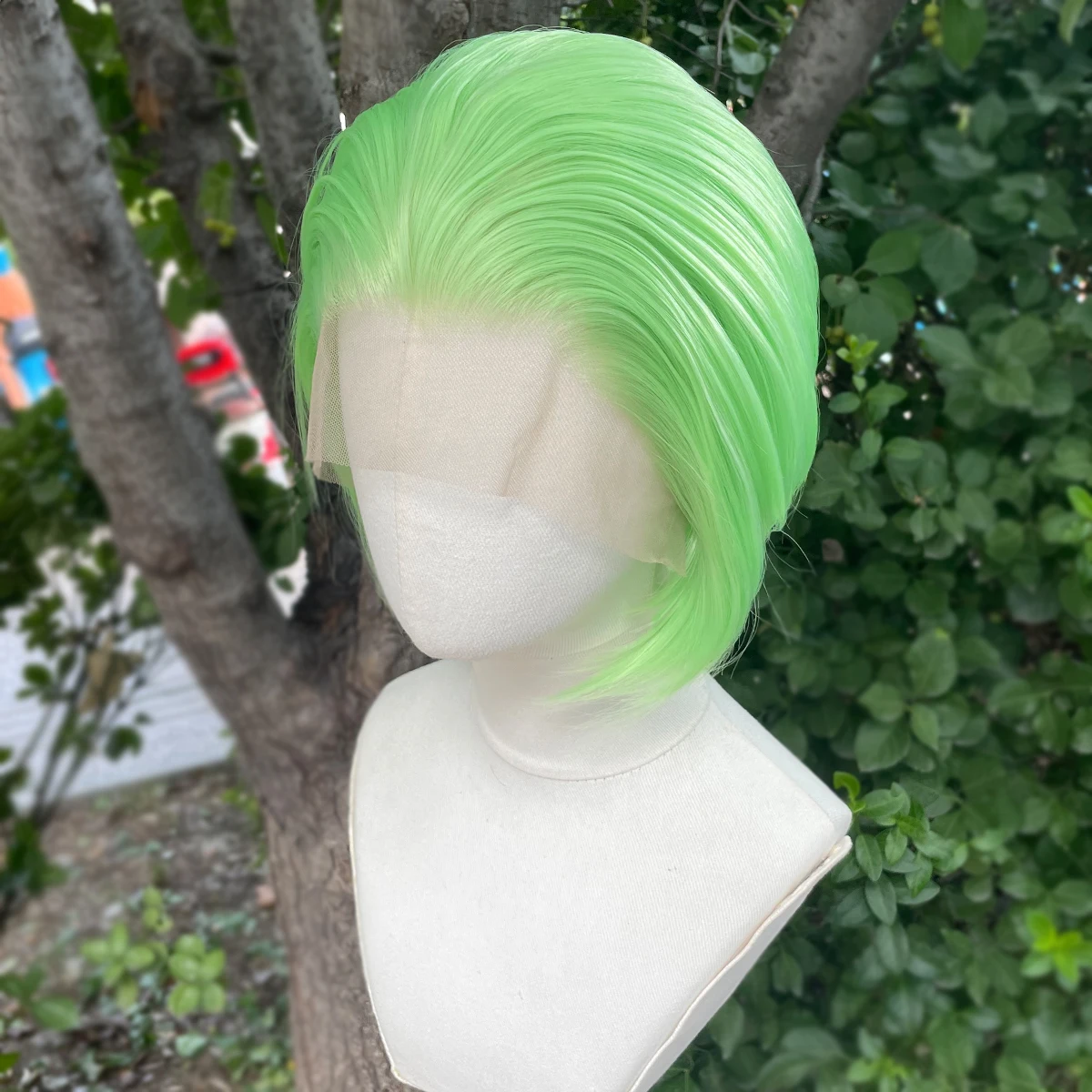 Hellgrüne Cosplay-Perücken für Männer, 13 x 4 synthetische Lace-Front-Perücken, kurze Bob-Schnitt-Perücken für Frauen, natürlicher Haaransatz, freier Teil, 150 % – Detail 5