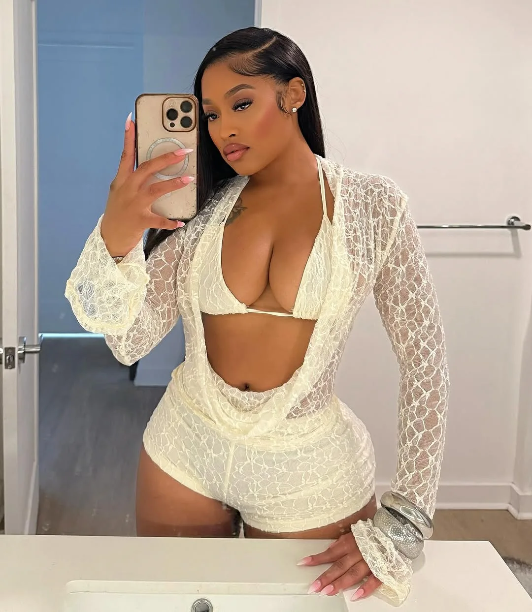 

STYLISH LADY Nude Lace 3 Piece Set Women Camis & Shorts and Playsuits 2025 Autumn Hollow Out Sexy Club Party Outfits