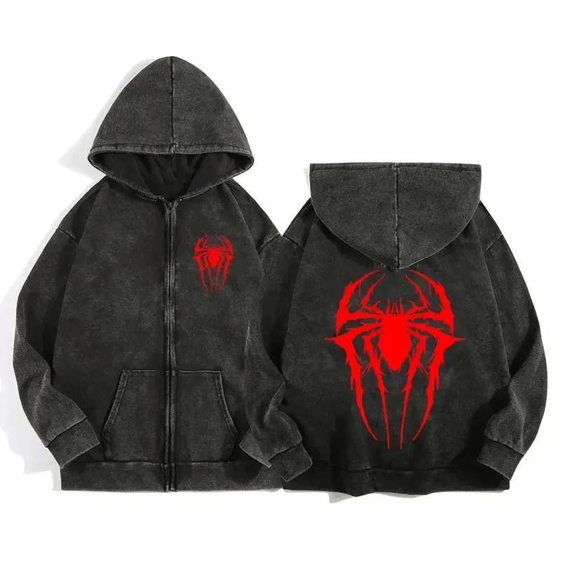 Y2K Acid Wash Zip Up Hoodie Harajuku Retro Gothic Graphic Spider Print Jacket Sweatshirt High Quality Cotton Men Women Clothing