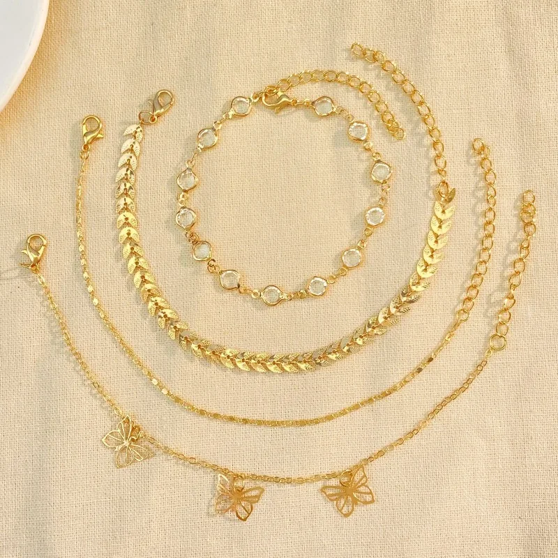 4-Piece Layered Rhinestone Anklet Set - Summer Hollow Airplane & Butterfly Charm Anklets for Women