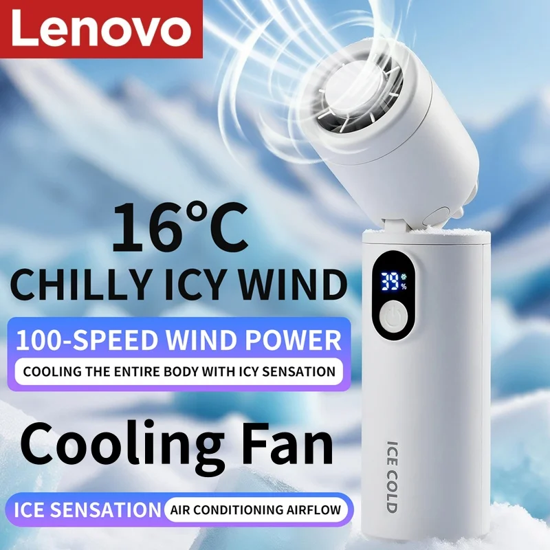 Ventilador Portátil Lenovo, Ventilador USB Recarregável, Ventilador Dobrável de Alta Velocidade com Display Digital de 100 Velocidades
