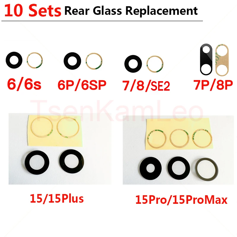 TsenKamLeo 10 sets Back Camera Glass for iPhone 6 6s 7 8 Se 15 15 Plus Pro Max Rear Cam Cover Lens 3M Sticker Holder Parts