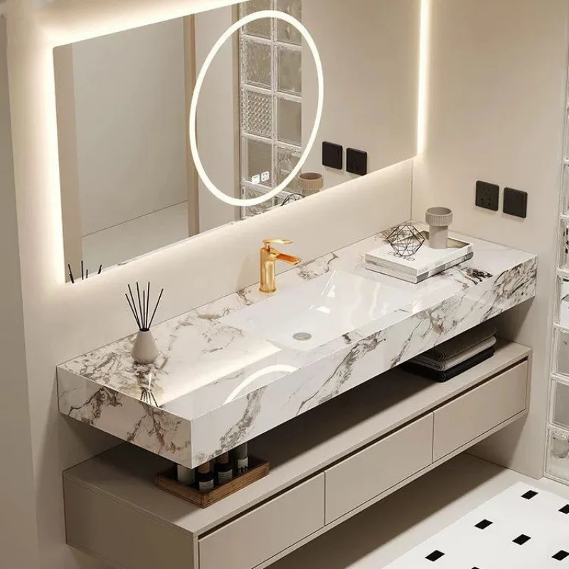 Hotel wind bathroom rock slab seamless ceramic integrated basin bathroom washstand intelligent storage locker