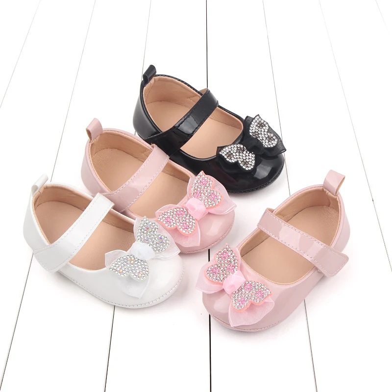 Baby Shiny Shoes Cute Butterfly Blingbling Glitter High Quality PU TPR Sole Anti-slip for Newborn Baby Girls 0-6-12 Months