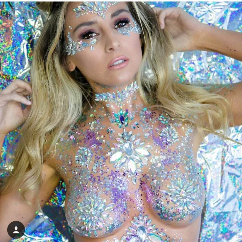 Pegatinas de tatuaje falso temporal para mujeres, joyas de cristal para el pecho, pegatinas de diamantes de imitación, sombra de ojos, ojos