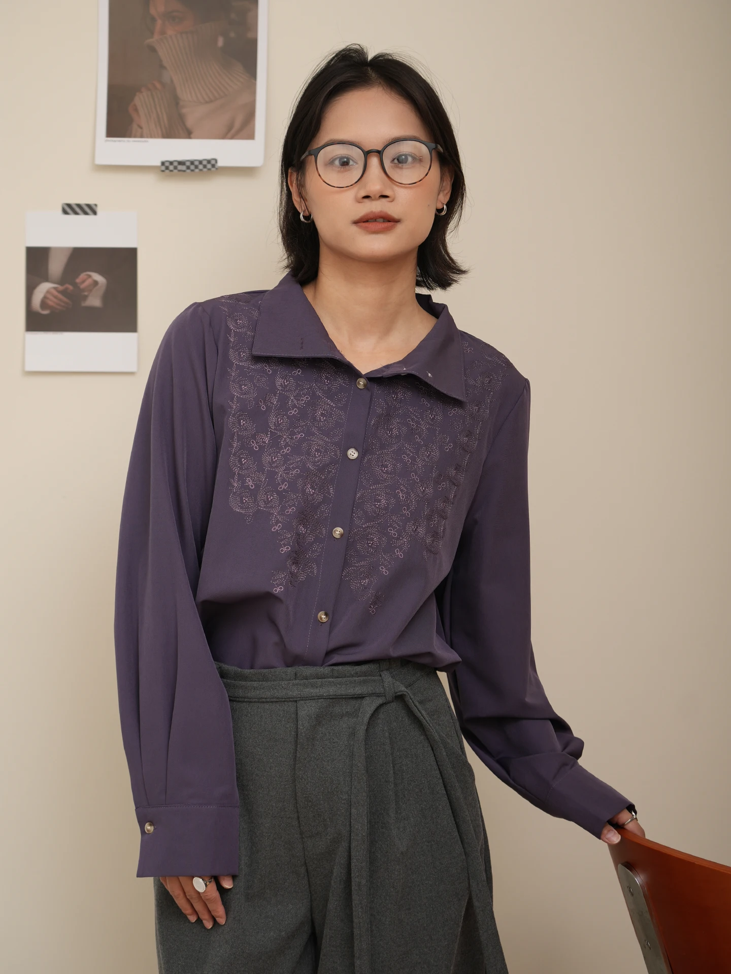 

BUBU Vintage Embroidered Purple Long Sve Women's irt Spring 2026 Versatile Commute Friendly Casual Loose Fit Polyester