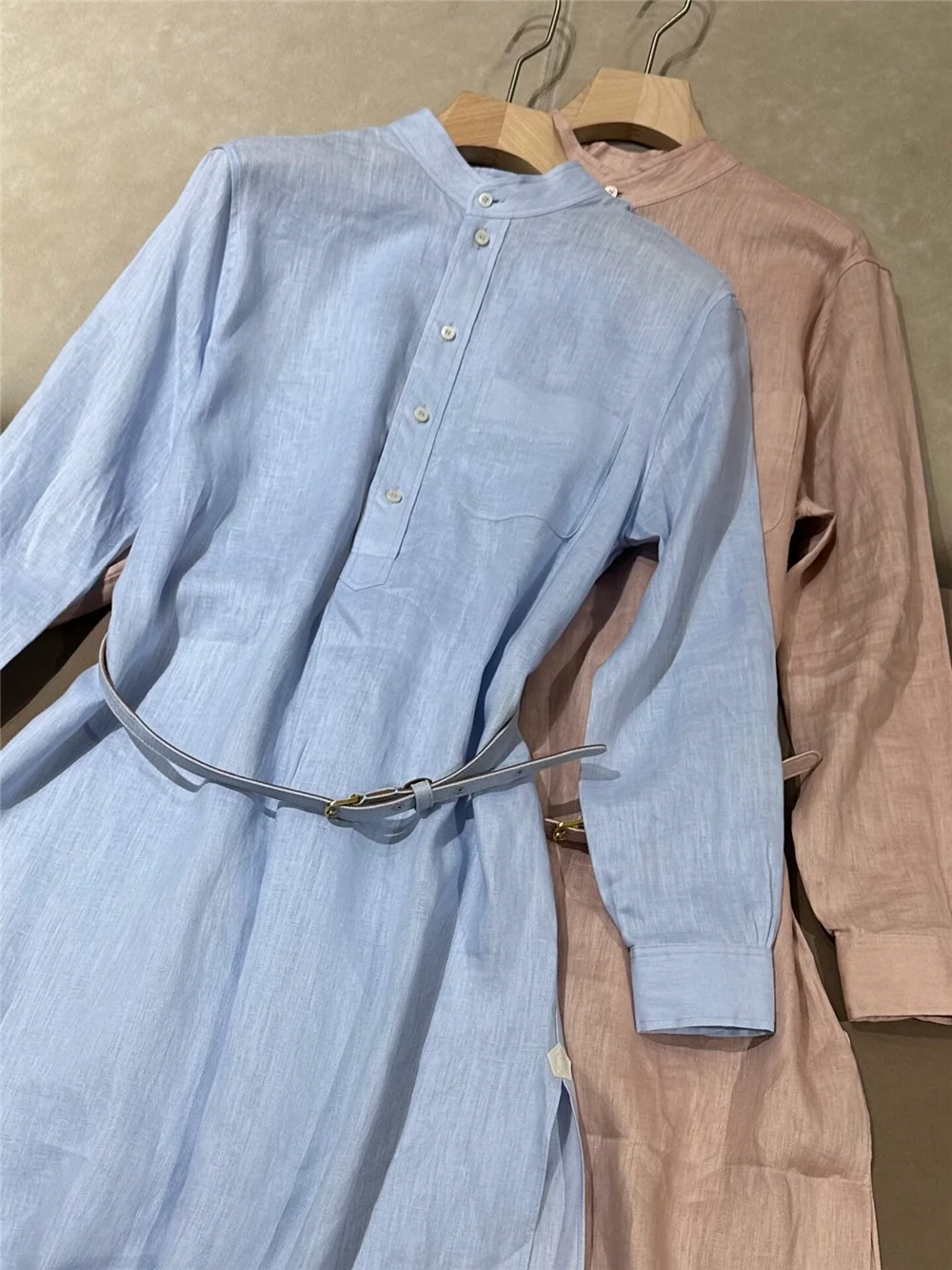 Spring/Summer 26 New Linen Long-Sleeve Crew-Neck Casual Versatile Shirt Dress