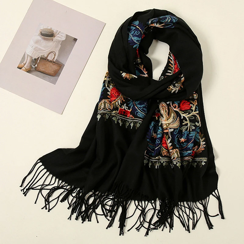 Winter Imitation Cashmere Shawl Thickened Tassel Scarf Floral Embroidery Pashmina For Women Warm Wraps Elegant Scarves