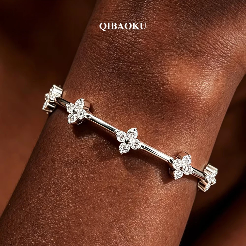 QIBAOKU Clover Flower Moissanite Bangle Solid S925 Silver Diamond Cuff Bracelet for Women Engagement Gifts Jewelry GRA 2026