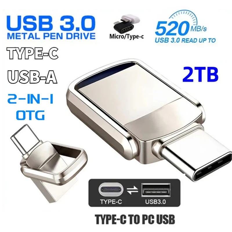 High Speed 2TB 1TB Usb 3.0 Flash Drive U Disk Pen Drive Metal USB Flash Drive Pendrive Waterproof Memory Stick Type-C Adapter