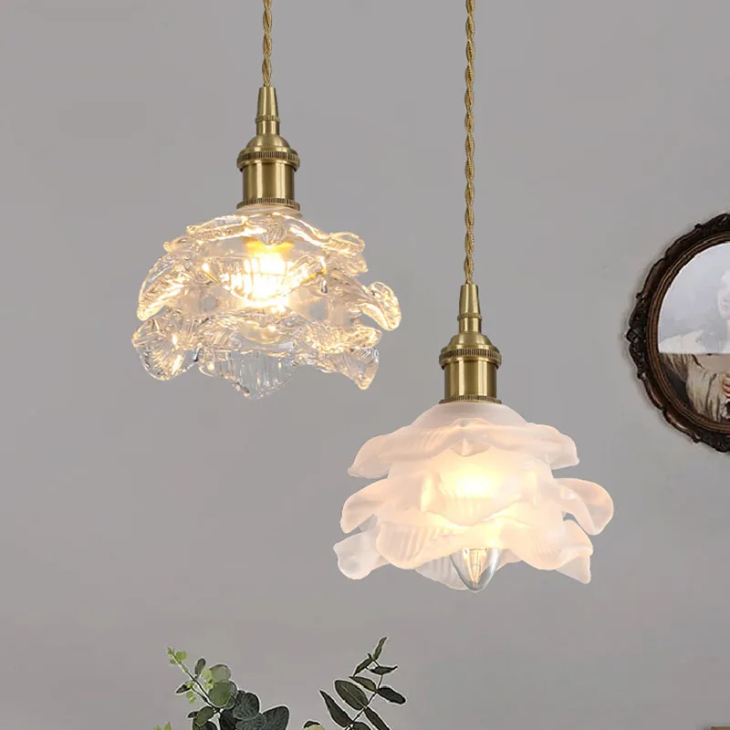 Retro Flower Copper Hanging Lamp Crystal Glass Luxury Bedroom Study Entrance Cloakroom Aisle Pendant Lighting Small Chandelier