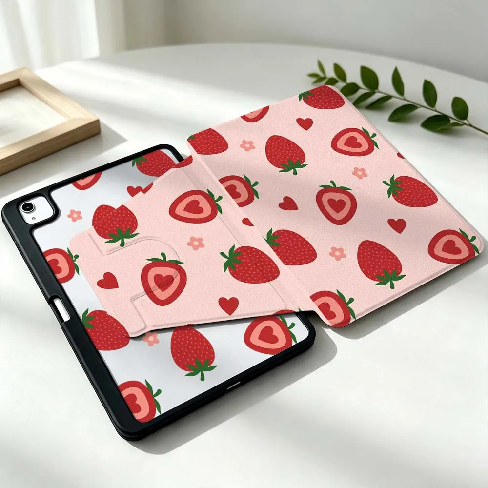 Cartoon Strawberry Heart For Samsung Galaxy Tab S11 S10 S9 S8 A11 FE Plus Ultra 360° Rotation Stylus Storage Tablet Case