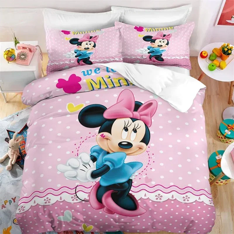 

Mickey and Minnie Pink Kids Duvet Cover with Pillowcases Cartoon Bedding Set Children Birthday Gift Bedroom Decoration Full Size