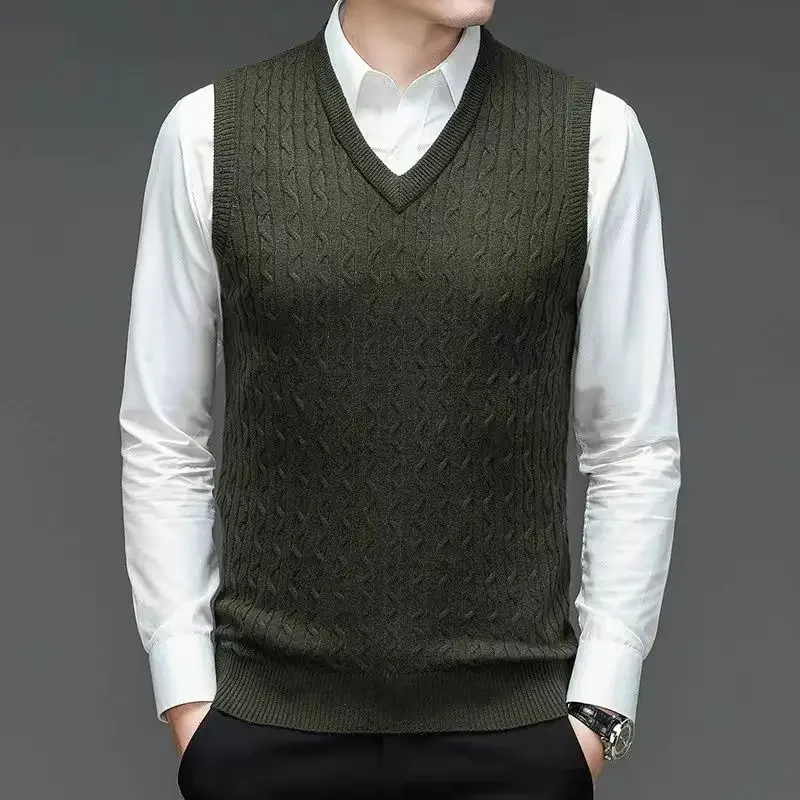 

Men's Pullover V-neck Wool Solid Color Sweater Vests 2023 Autumn Warm New Casual Sweater Waistcoat for Business Formal Male