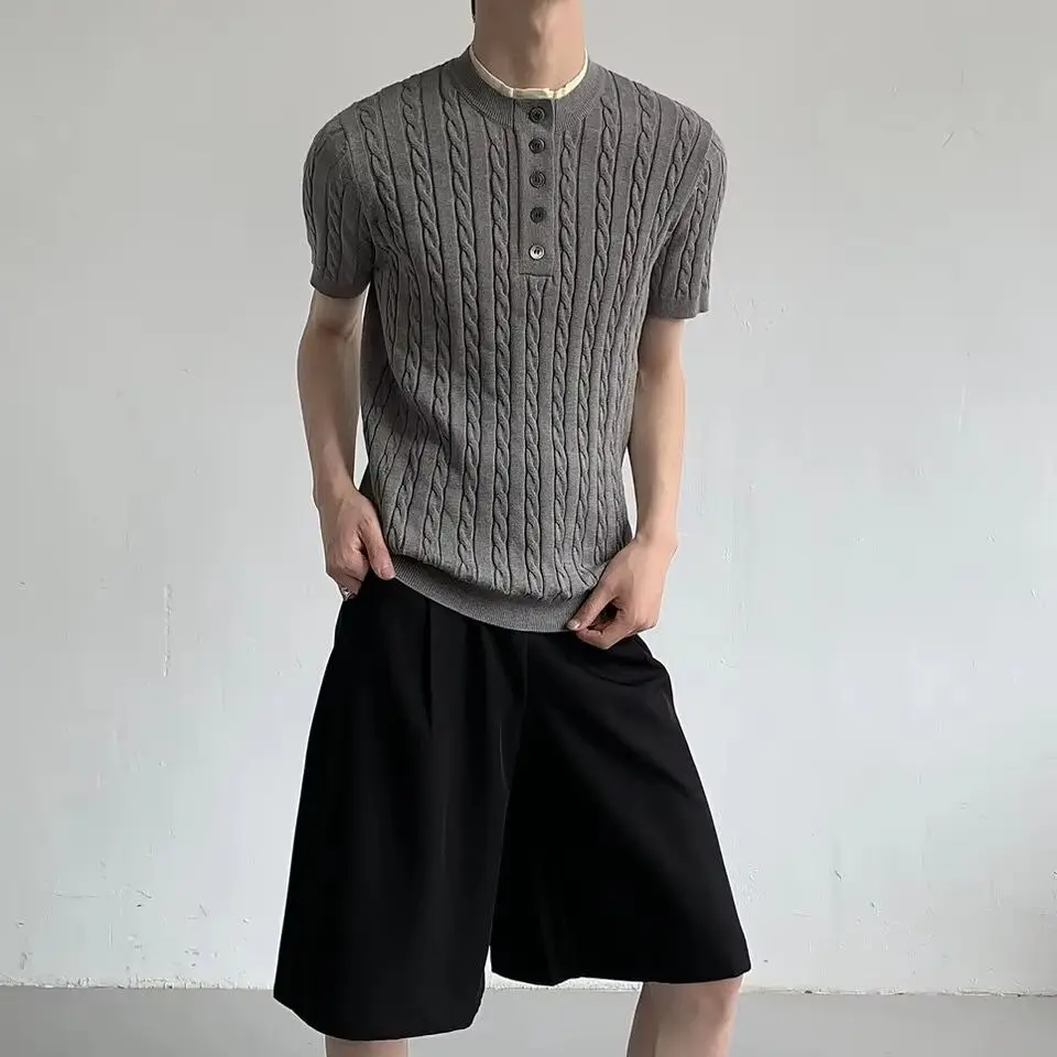 Summer Design Sense Henry Neck Cashmere Knitted Short Sleeve T-shirt Men's Minority Half Sleeve Button Bottom Shirt