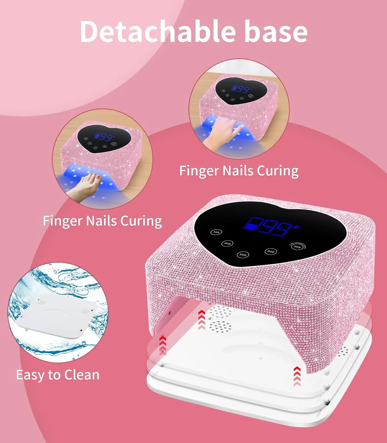 Lâmpada UV sem fio para unhas de gel 72W, secador de unhas LED de diamante preto recarregável com 5 configurações de temporizador, controle de toque