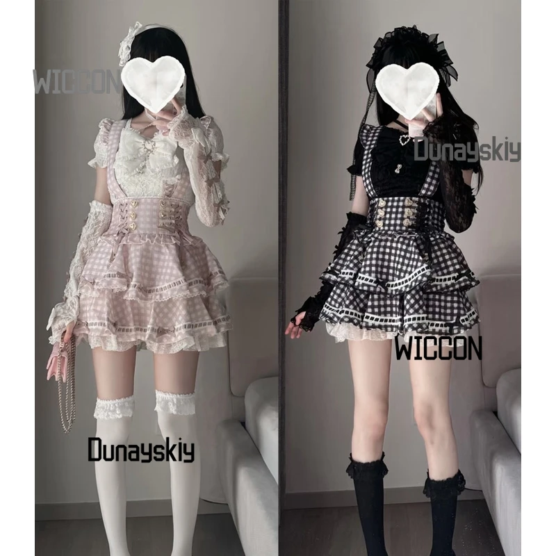 

Japanese Girl Sweet Bow Top Thousand Bird Plaid Suspender Shop1104345165 Store Jirai Kei Cosplay Costumes Kawaii Daily Halloween