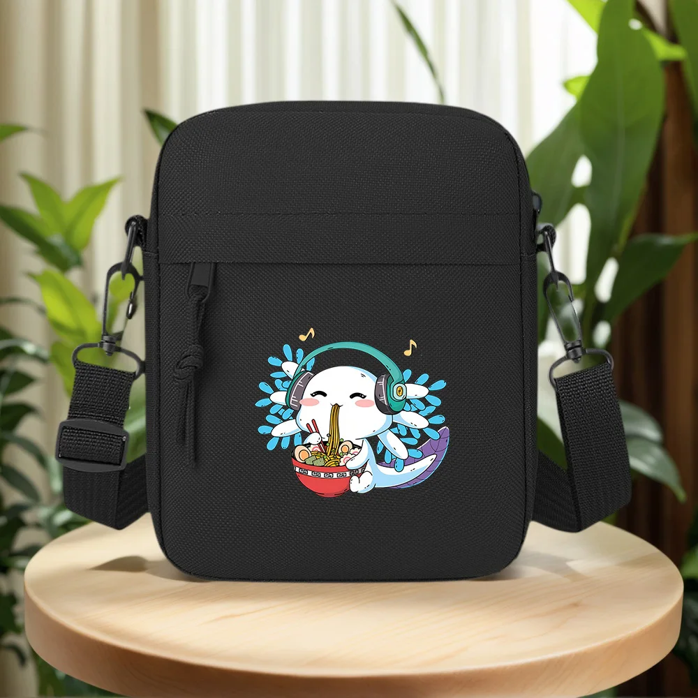 Cute Axolotl Ramen Noodles Headphones Music Men Crossbody Bag Single Shoulder Women Cartoon Anime Film Printing Design Unisex