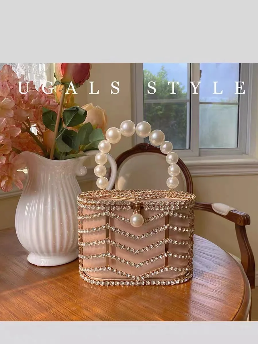 

Luxury Hollow Out Metal Cage Pearl Beading Handbag Crystal Shiny Diamonds Evening Bag Wedding Party Clutch Purse Shoulder Bag