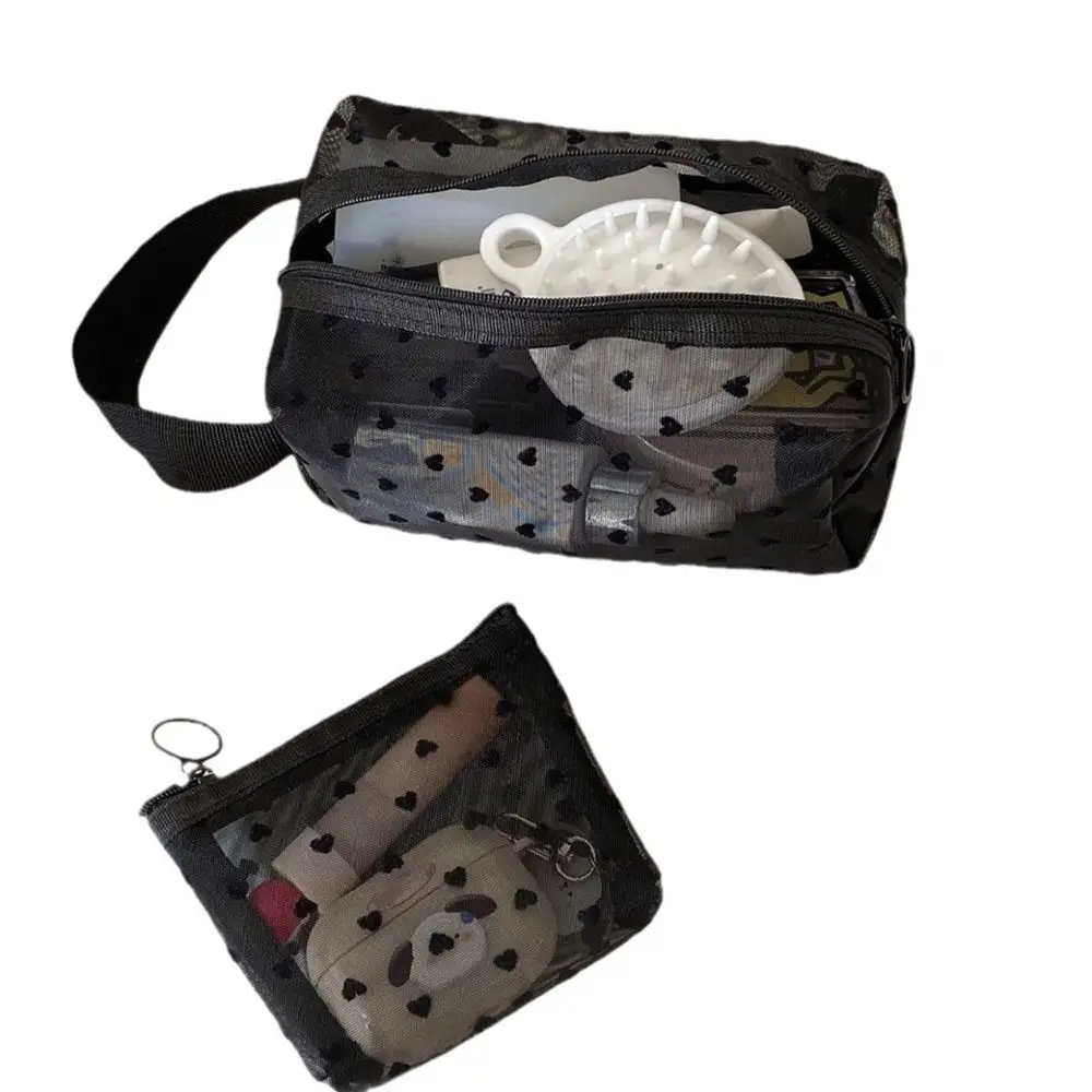New Heart Transparent Mesh Makeup Bag Black/Pink Portable Women Cosmetic Storage Pouch Multifunction Ladies Toiletry Storage Bag