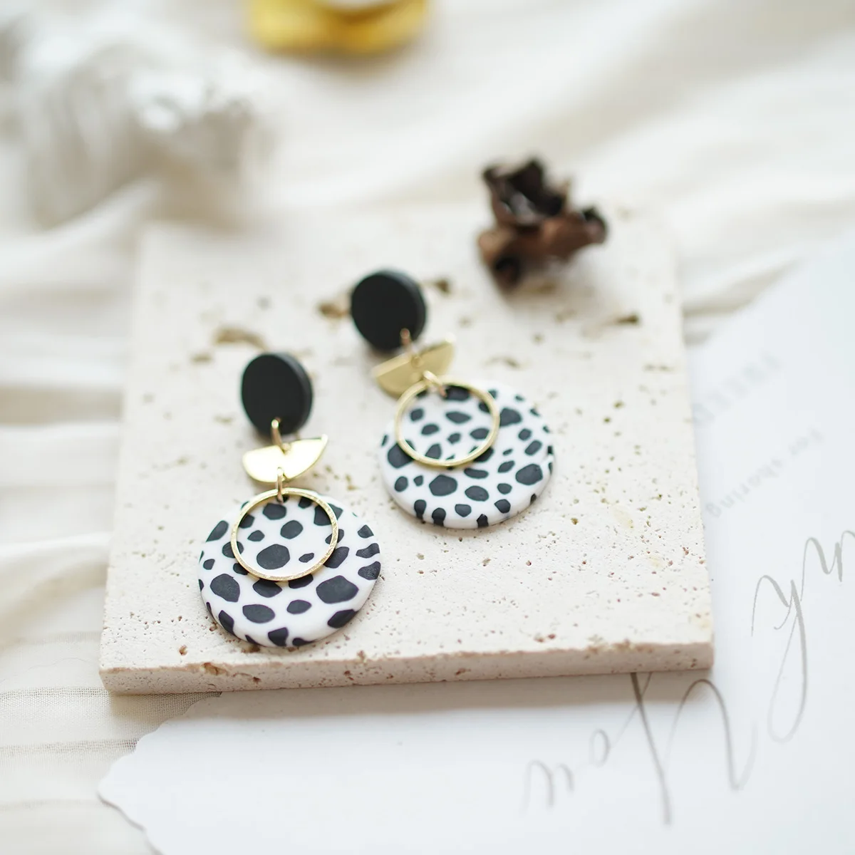 Artsy Black White Patterned Clay Earrings Minimalist Geometric Dangle Abstract Dalmatian Jewelry Monochrome Statement Earrings