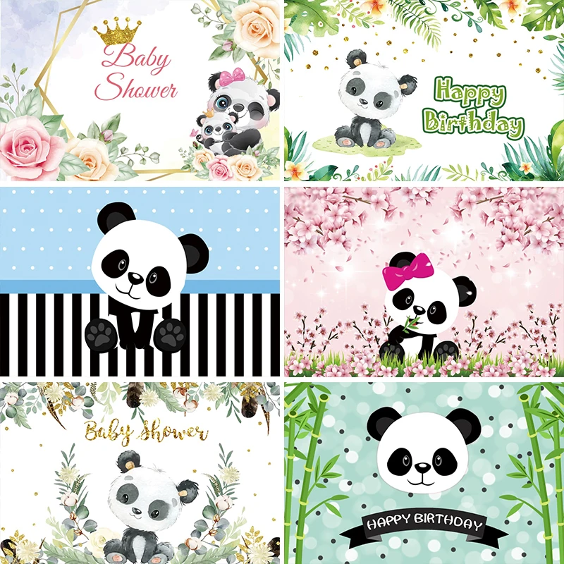 Cartoon Panda Photo Backdrop Children Birthday Party Baby Shower Decoration Pink Flowers Kids Portrait Photographic Background