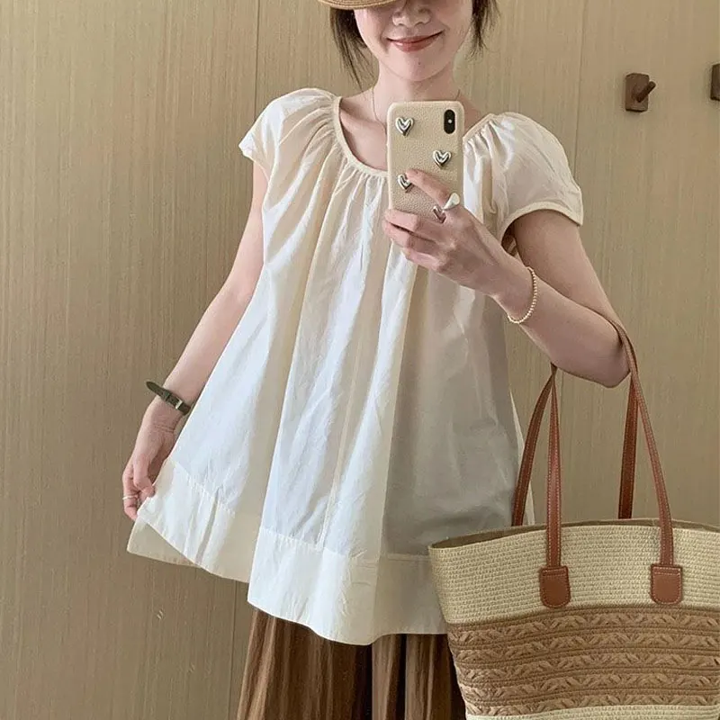 French Style Short Sleeve Shirts Female Clothing Casual Loose Round Neck Summer New Basic Solid Color Fashionable Folds Blouse