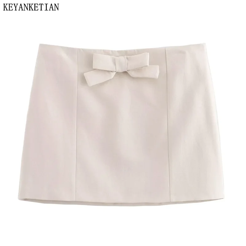 KEYANKETIAN 2024 New Women's Bow Decoration Apricot Skirt Sweet Simply Fashion Side Zipper High-waisted A-line Mini Skirt Summer