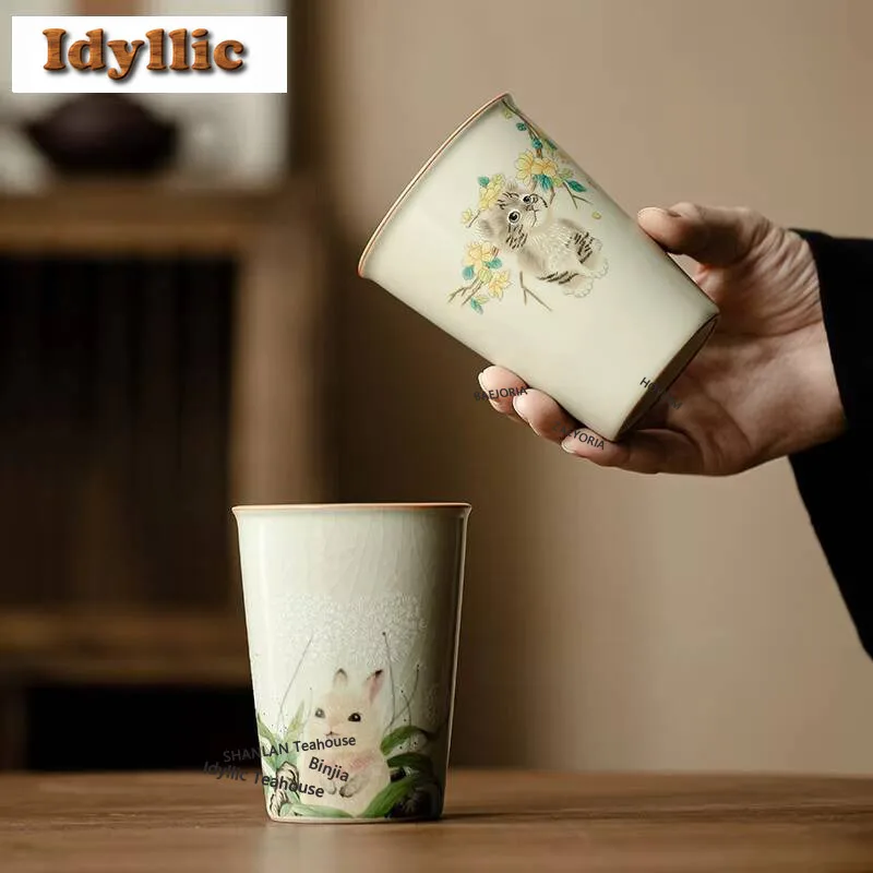 HOYIHM 250ml Cute Cat Ru Kiln Ceramic Teacup Elegant Water Jug Master Cup Green Coke Coffee Mug Tea Household Drinkware Gifts