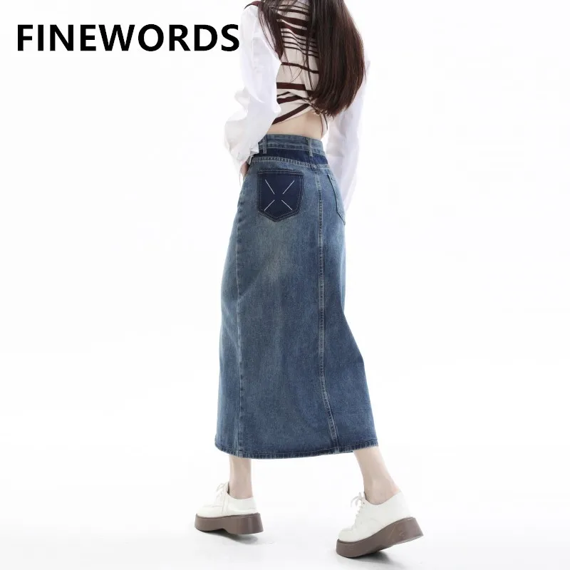 

FINEWORDS Vintage Casual Korean High Waist Denim Skirt Women Summer Split Jeans Midi Skirt Easymatch Harajuku Aline Long Skirts