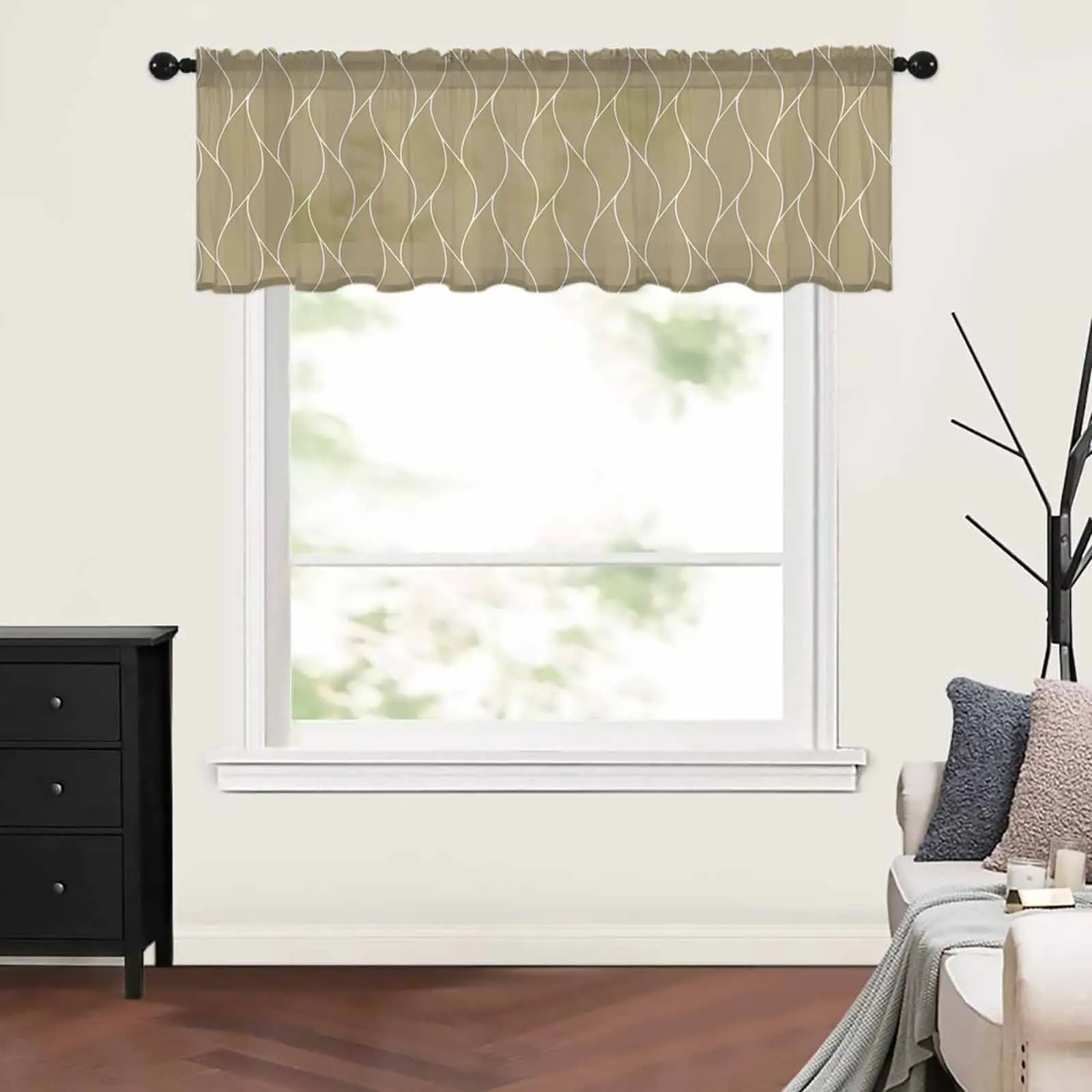 Khaki Long Wave Pattern Texture Kitchen Curtains Tulle Short Sheer Curtain Bedroom Living Room Home Decor Voile Drapes