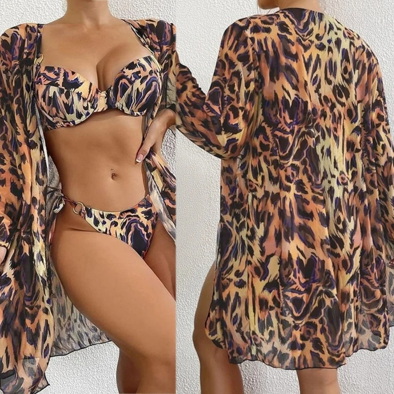 Tie Side Bikinis for Lady 3 Piece Split Swimsuit Leopard Print Swimwear H58D