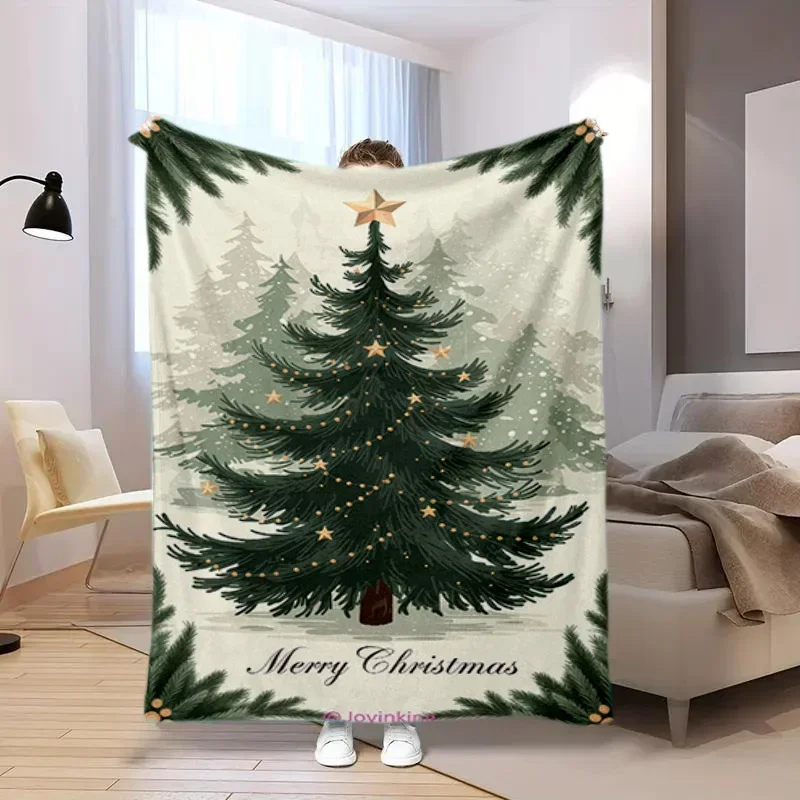 Christmas Tree Flannel Throw Blanket, Green Pine Tree Star Merry Christmas Soft Blanket for Couch Bedroom Home Decor Gift Ideas
