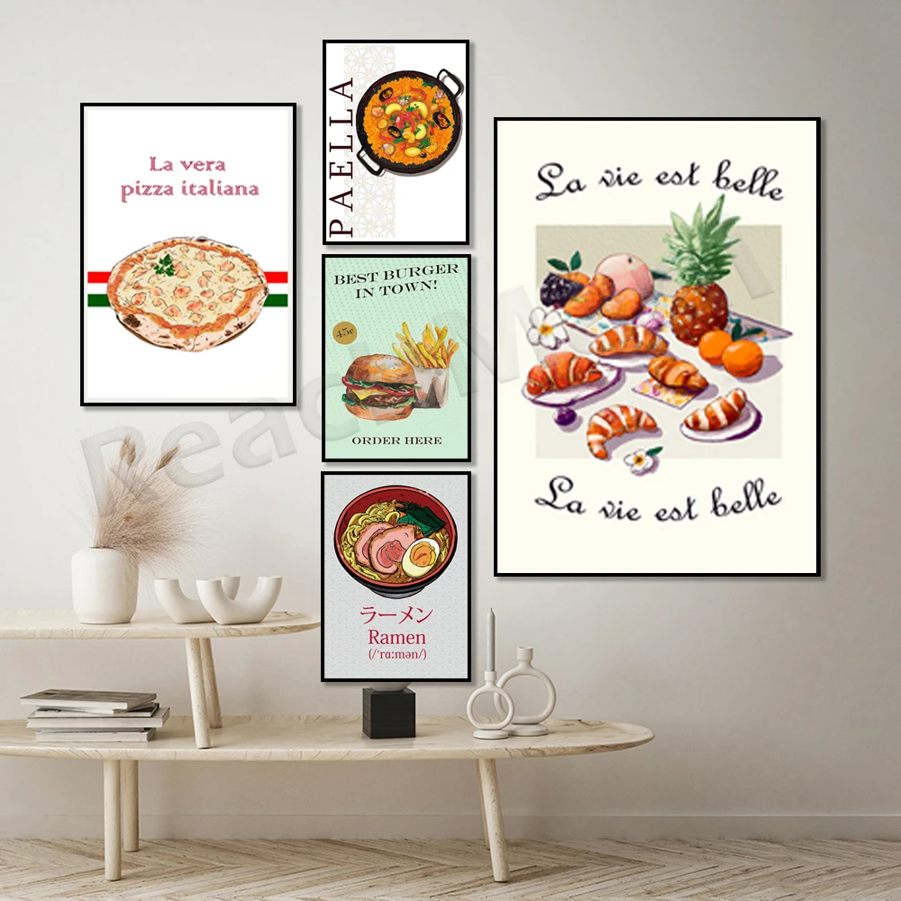 Food poster, italian pizza, japanese ramen, paella, wine, burgers and fries, american, wine, french vibe, croissant kitchen deco