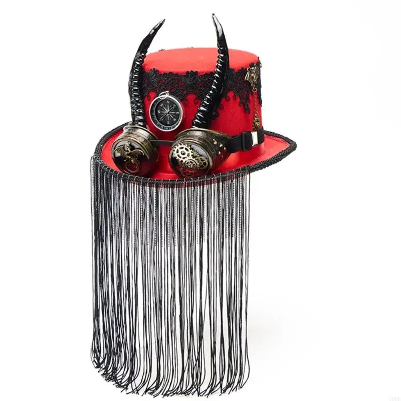 Steampunks Goggle Mit Fransen Dekoration Ziege Horn Kappe Top Cap Kopfbedeckung Für Cosplay Outdoor Event Y08E – Detail 9