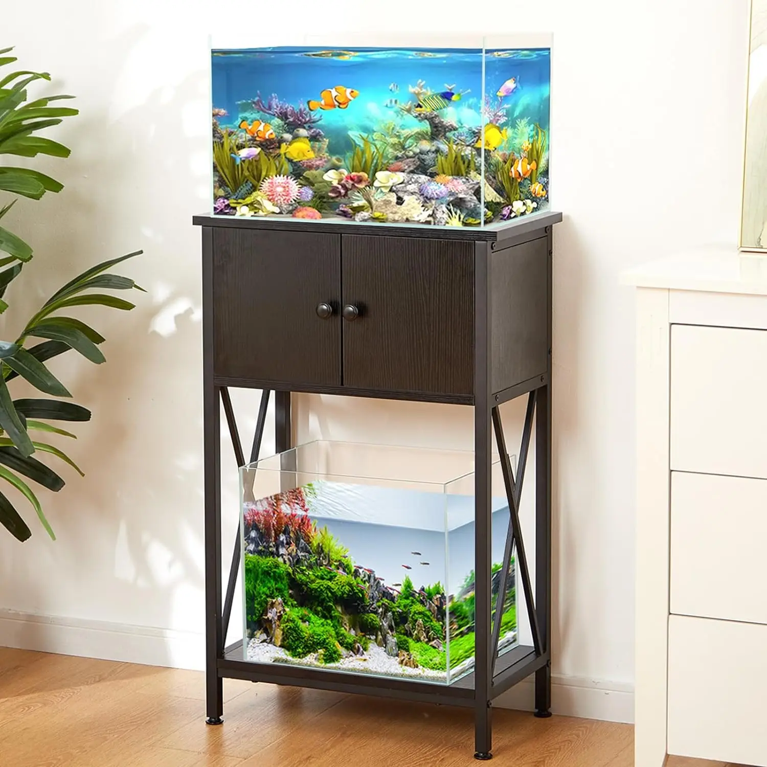 

10 Gallon Fish Tank Stand with Cabinet, Double Aquarium Stand for 10 & 5 Gallon Fish Tank, Heavy Metal Stand with Stable