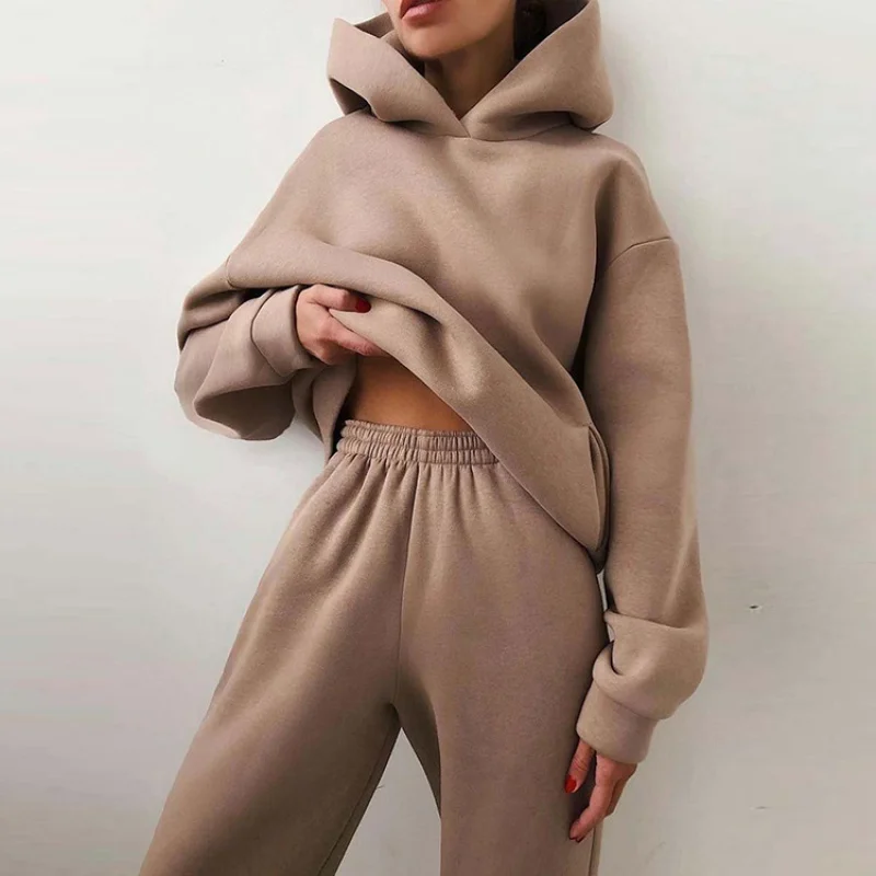 2025 Autunno Donna Vestiti Tinta unita Moda casual Pantaloni lunghi Felpa con cappuccio a maniche lunghe Nuovo set a due pezzi Tuta da donna di grandi dimensioni