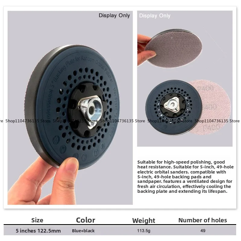 Electric Polishing Grinding Disc 5 Inches 49 Holes, Short Hook and Buckle Blue Cover Black PU Polishing Sandpaper Chassis