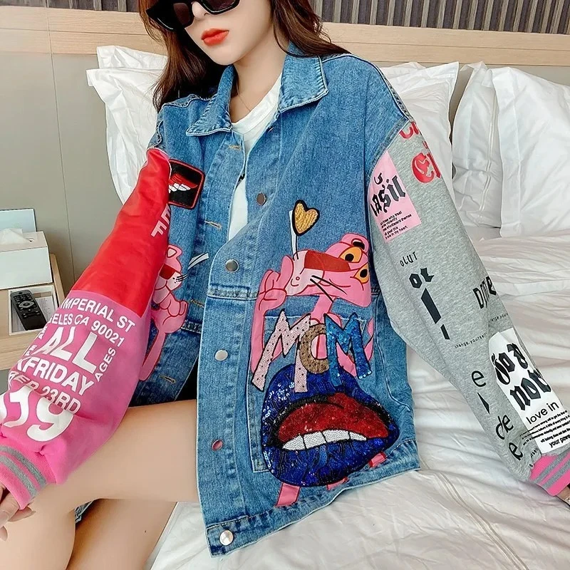 2025 New Denim Jacket Female Cartoon Foreign Style Sequins Loose Tooling Color Matching Top Jacket Spring