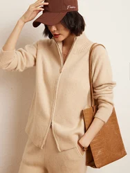 Autumn Winter Women 100% Cashmere Cardigan Zipper Mock Neck Sweater Coat Thick Warm Knitwear Luxury Jacket Popular Female Tops