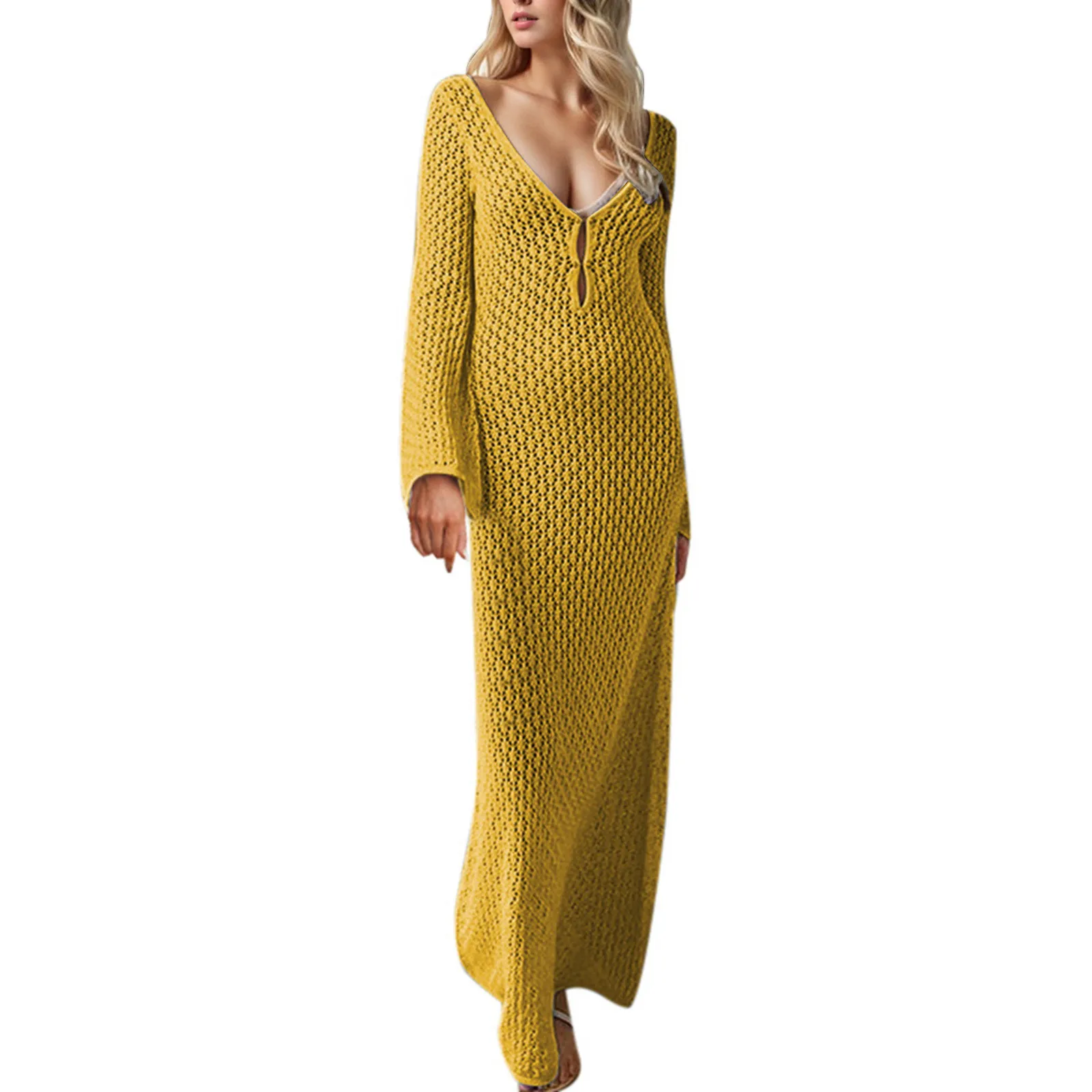 

2024 однотонное женское длинное вязаное пляжное платье Sey с глубоким V-образным вырезом и длинным рукавом, накидка на бикини, осеннее платье с открытой спиной, праздничное платье